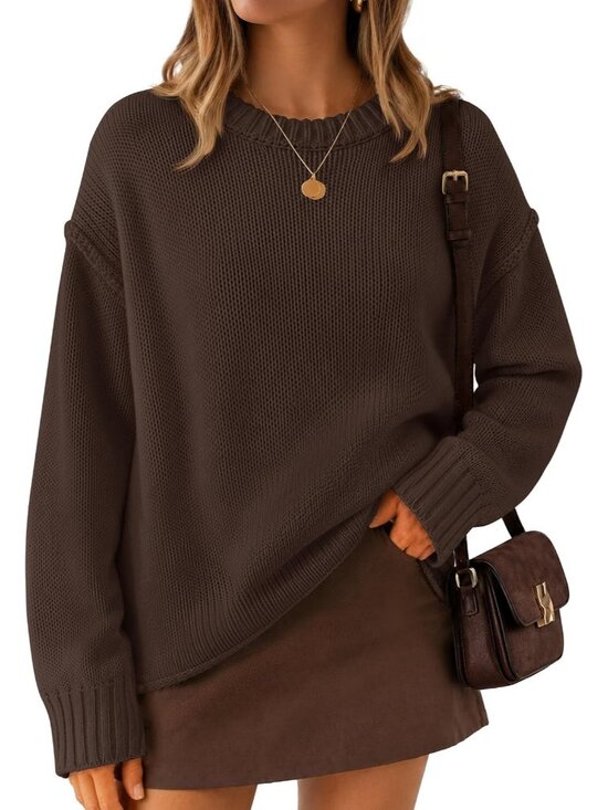 Sweaters - Women's Coffee Fall Long Sleeve Crewneck Oversized Chunky Loose Fit Sweaters